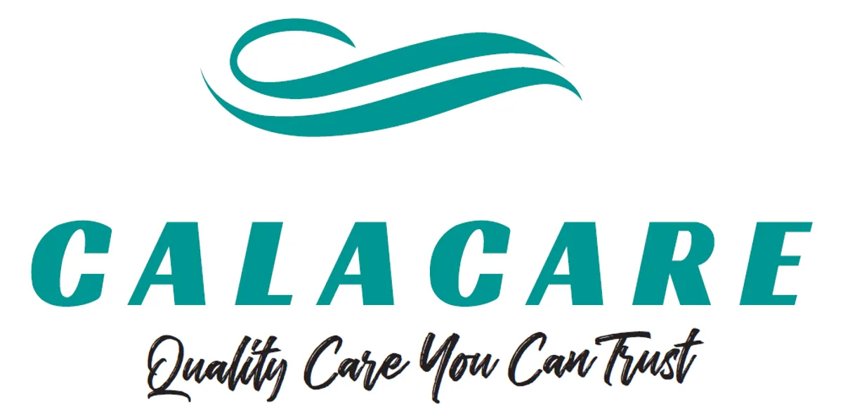 calacare logo with teal wave design and slogan 'quality care you can trust' in cursive font