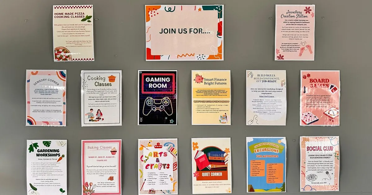 various colorful flyers advertising cooking, gaming, gardening, and social club events on a wall display